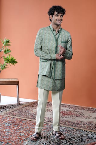 Philocaly Aariv Printed Stripe Bundi & Kurta Set 