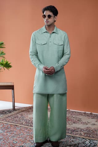 Philocaly Samudra Set Linen Wavy Embroidered Pathani Kurta & Farshi Pant 