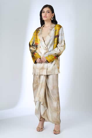 AK-OK Printed Blazer With Knotted Skirt 