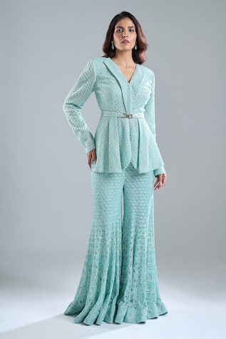 Ritika Mirchandani Aqua Embroidered Blazer & Gharara Set 