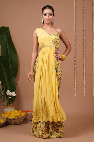 Ahi Clothing Floral Pattern Pre-Draped Saree & Blouse Set 