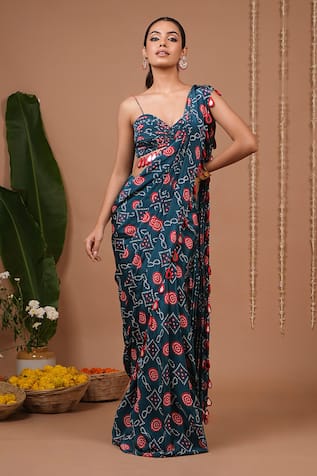 Ahi Clothing Flower Pattern Pre-Draped Saree & Blouse Set 