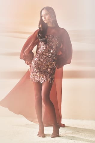 Pankaj & Nidhi Araquis Cinnamon Haze Dress & Cape Set 