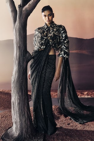 Pankaj & Nidhi Araquis Noir Majesty Cape & Pre- Draped Saree Set 