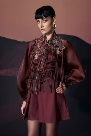Pankaj & Nidhi Araquis Fringe Oracle Bomber Jacket  & Skorts Set 