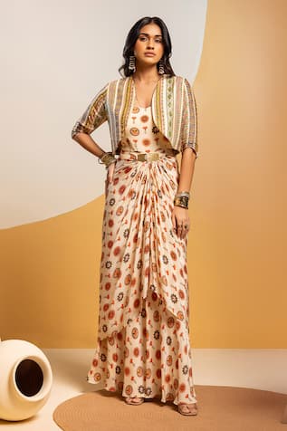 Soup By Sougat Paul Printed Drape Dress & Embroidered Jacket 