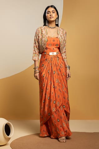 Soup By Sougat Paul Taarani Printed Drape Dress & Embroidered Jacket 