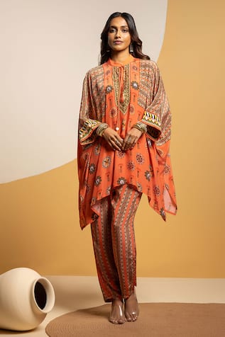 Soup By Sougat Paul Printed Kaftan & Pant Set With Zari Embroidery 