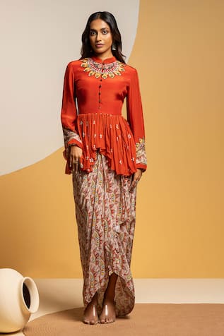 Soup By Sougat Paul Taarani Embellished Peplum Top & Draped Skirt Set 