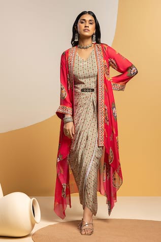 Soup By Sougat Paul Taarani Printed Drape Dress With Embellished Jacket 