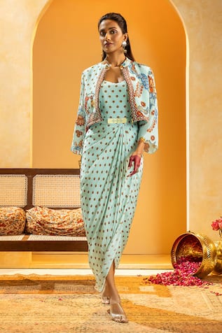 Soup By Sougat Paul Rangtara Printed Drape Dress & Embellished Jacket 
