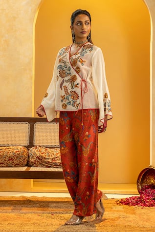 Soup By Sougat Paul Rangtara Applique Angarkha Top & Printed Pant Set 