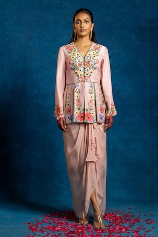 Soup By Sougat Paul Rangtara Embellished Peplum Top & Drape Skirt Set 