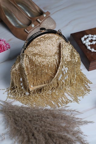 Nazaakat By Samara Singh Beaded Fringe Batua Bag With Detachable Handle 