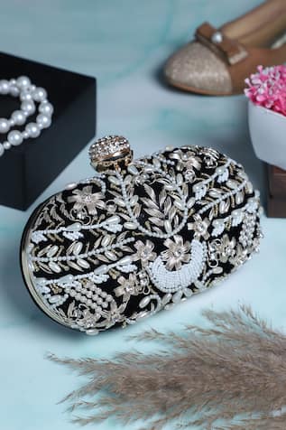 Nazaakat By Samara Singh Embroidered Pearl & Bead Clutch Bag 