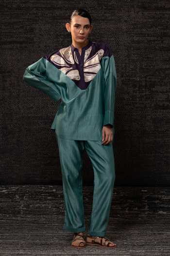 Eeda Silk Chanderi Top With Pant 