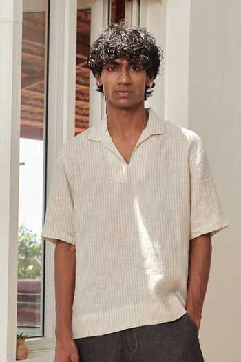Saphed Undyed Pinstripe Linen Popover Shirt 