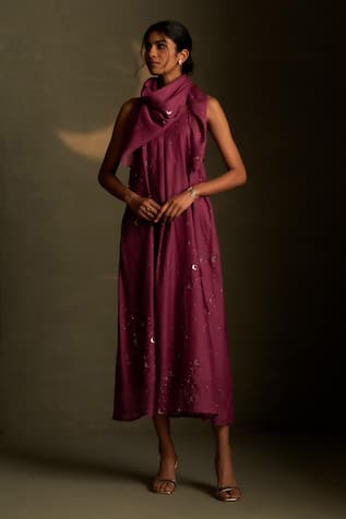 Charkhee Cresent Moon Pattern Dress With Scarf 