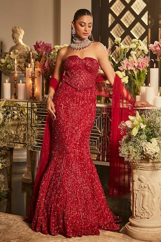 Isa By Dolly Wahal Scarlet Embroidered Blouse & Lehenga Set 