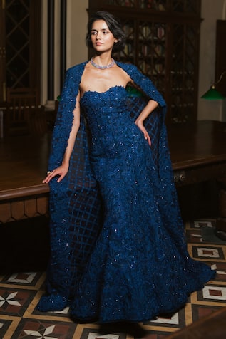 Mishru Cheryl Embroidered Gown With Cape 