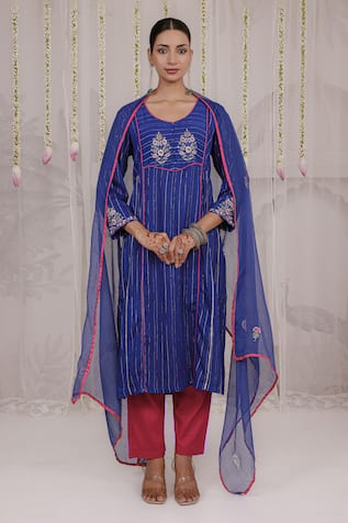 Myaara Royal Blue Panelled Kurta Pant Set 