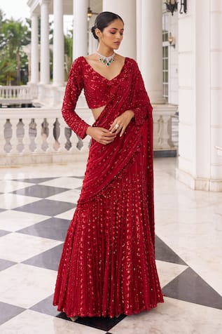 Nidhika Shekhar Surkh Umang Laal Embroidered Pre-Draped Lehenga Saree Set 