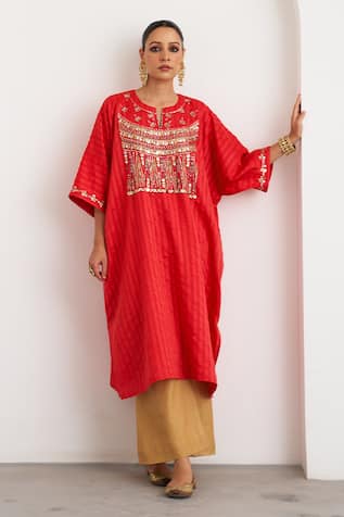 Vaaya Watermelon Red Silk Chanderi Kurta 