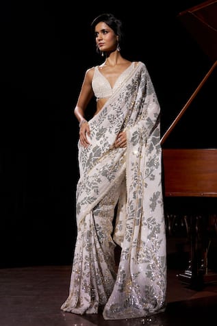 Seema Gujral Gold Silver Sequin Work Saree With Blouse 