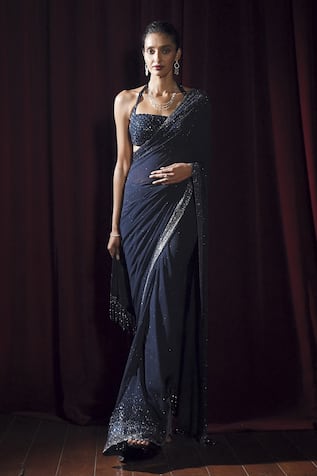 Seema Gujral Navy Blue Crystal Georgette Saree With Blouse 