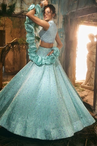 Varun Chakkilam Aqua Bloom Embroidered Lehenga Set 