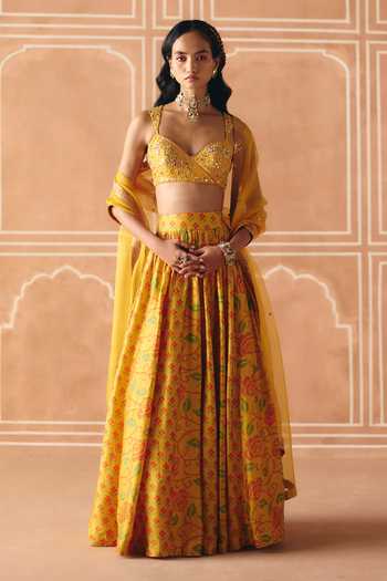 Drishti & Zahabia Cross Stitch Print Gathered Lehenga Set 