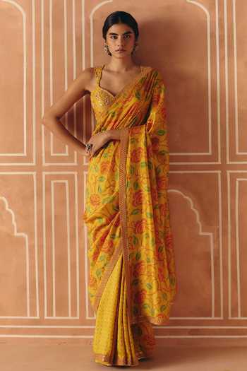 Drishti & Zahabia Floral Cross Stitch Print Saree With Blouse 