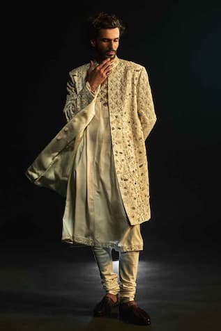 Jatin Malik Ivory Embriodered Cutdana Sherwani Set 