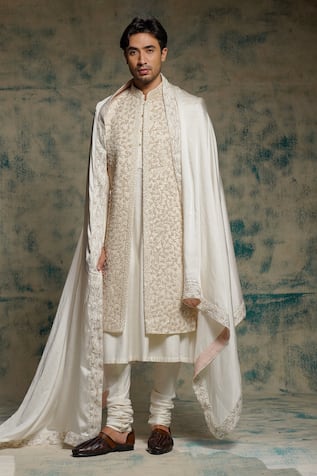 Jatin Malik Ivory Embriodered Pearl Open Sherwani Set 