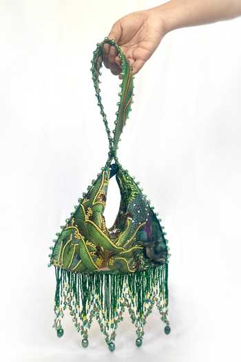 The Garnish Company Vrinda Green Forest Deer Print Fold Potli Bag 