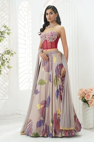 Priti Sahni Floral Hand Painted Lehenga Set 