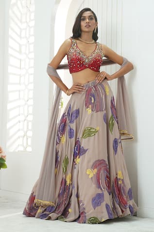 Priti Sahni Floral Hand Painted Lehenga Set 