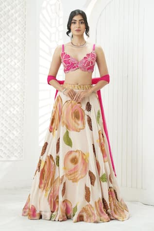 Priti Sahni Flower Hand Painted Lehenga Set 