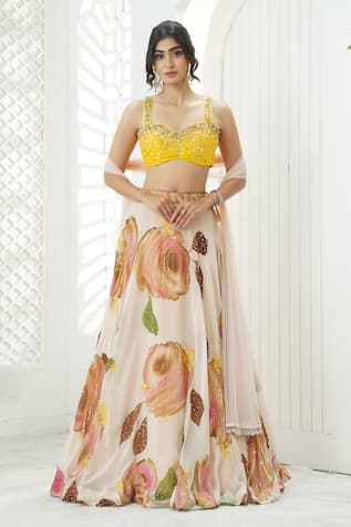 Priti Sahni Garden Hand Painted Lehenga Set 