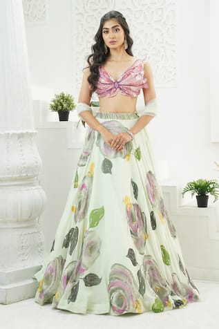 Priti Sahni Floret Hand Painted Lehenga Set 