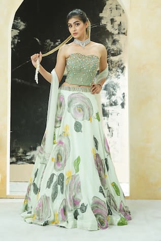 Priti Sahni Bloom Hand Painted Lehenga Set 