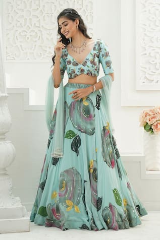 Priti Sahni Garden Hand Painted Lehenga Set 