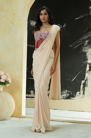 Priti Sahni Pre-Stitched Saree With Burgundy Corset 