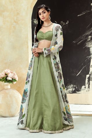 Priti Sahni Garden Hand Painted Jacket Lehenga Set 