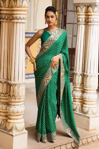 Pink City By Sarika Bandhani Pattern Saree With Unstitched Blouse Piece 