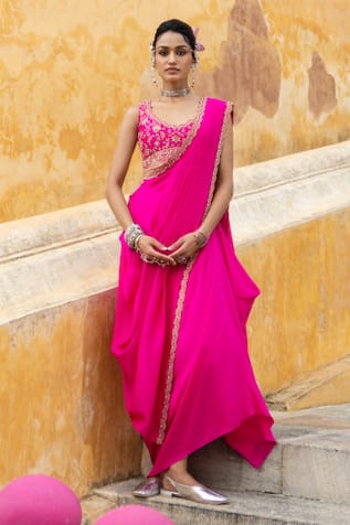 Pink City By Sarika Floral Embroidered Blouse & Pre-Draped Saree Set 