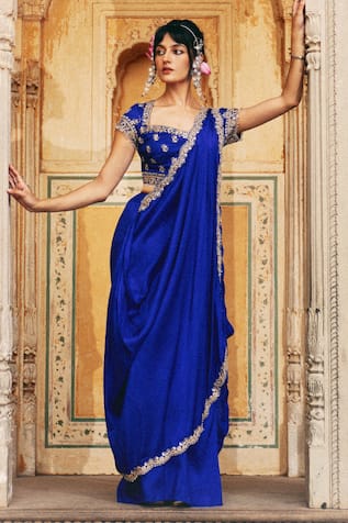 Pink City By Sarika Floral Embroidered Blouse & Pre-Draped Saree Set 