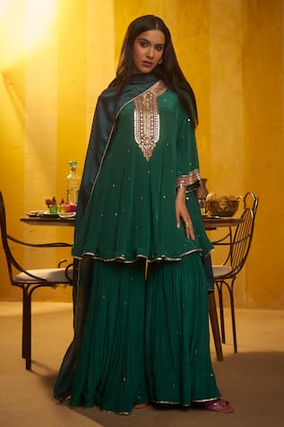 Hirika & Dhruti Tikki Work Anarkali Kurta & Pleated Sharara Set 