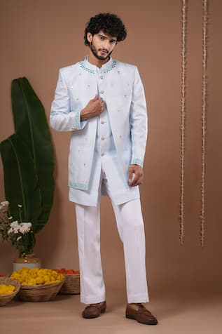 Ahi Clothing X AZA Sky Blue Open Jacket & Jodhpuri Set 