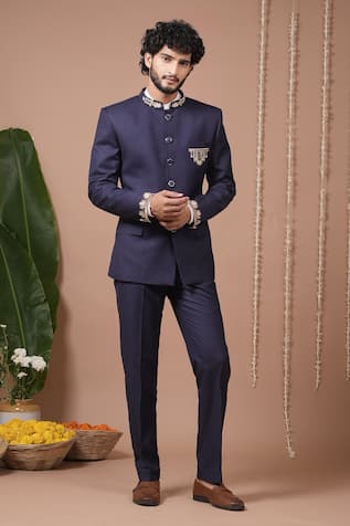 Ahi Clothing X AZA Navy Blue Jodhpuri & Pant Set 